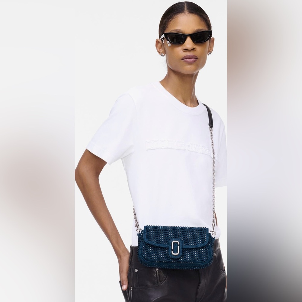 Marc Jacobs The Clover Crystal Embellished Denim Shoulder Bag Dark Wash Crystal - Picture 3 of 11